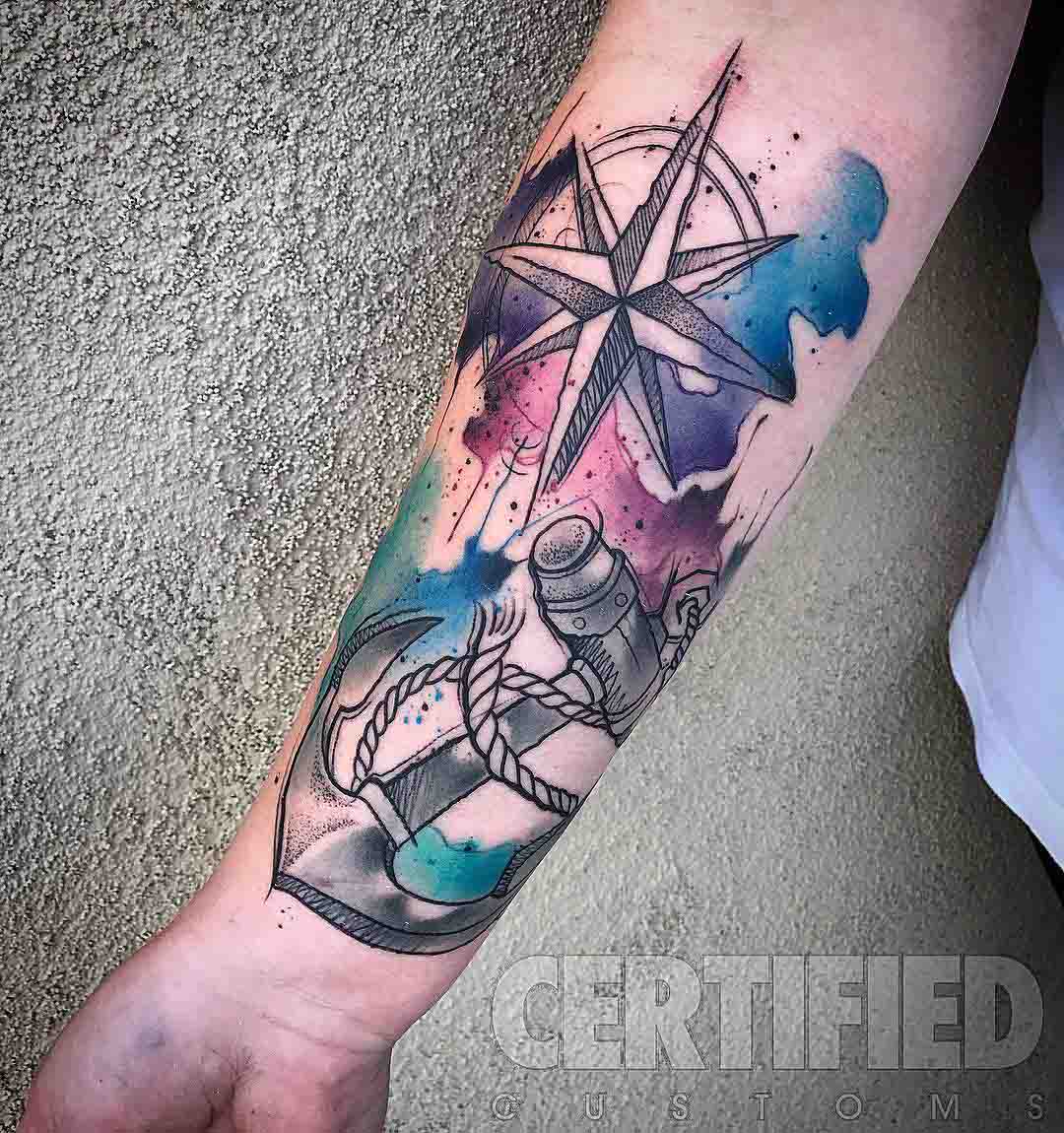 watercolor tattoo anchor and nautical star