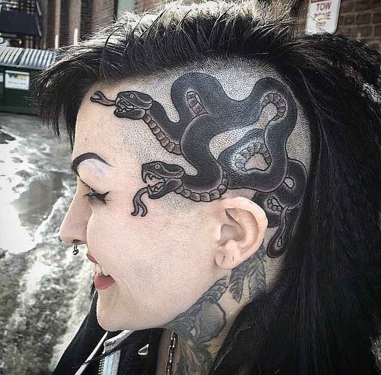 head tattoo girl snakes