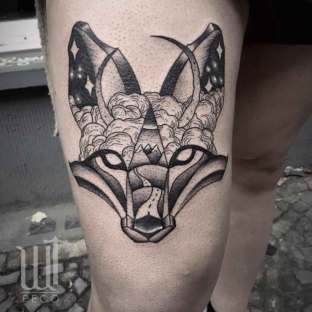 cool fox tattoo on thigh