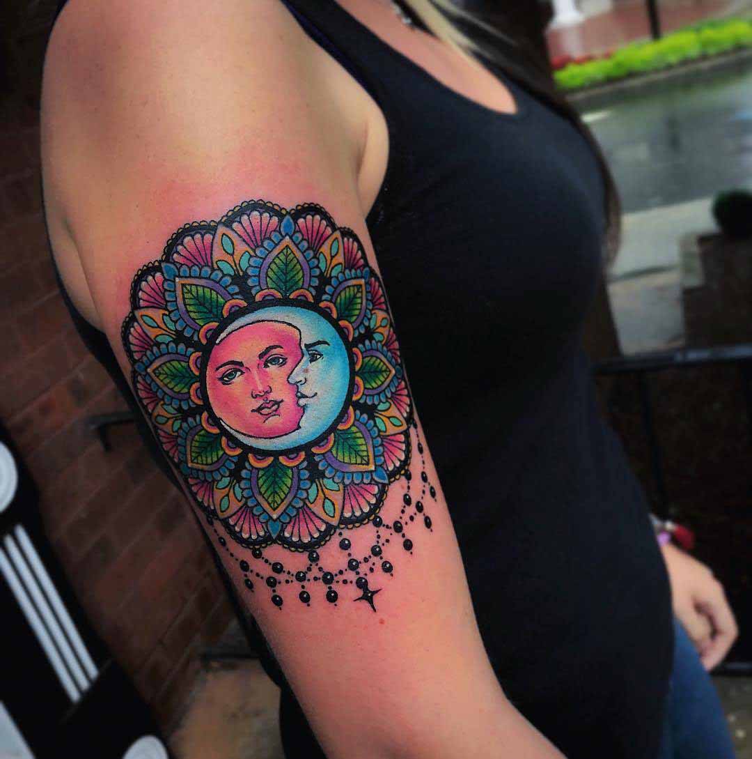 shoulder moon and sun tattoo colorful