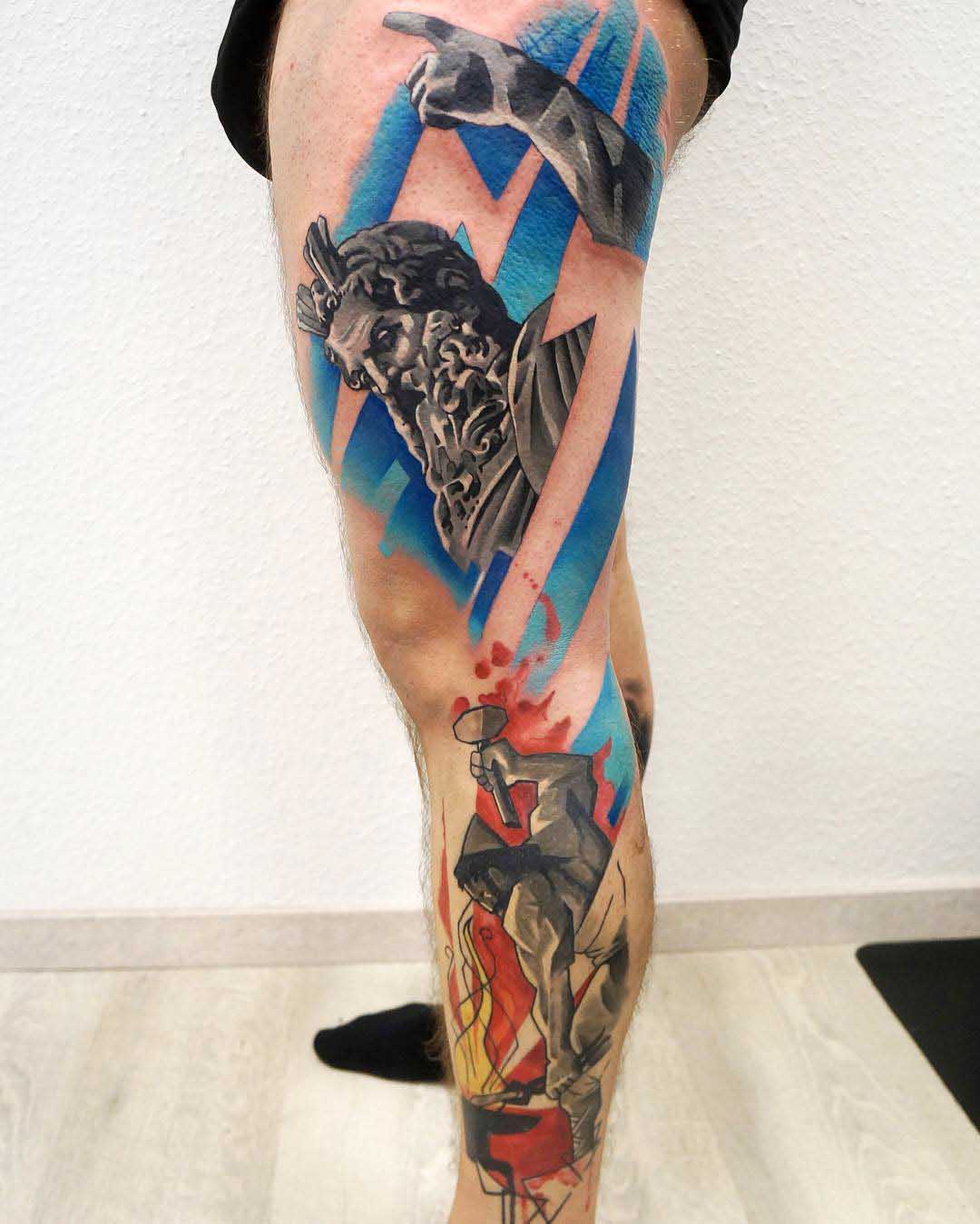 colorful side leg tattoo