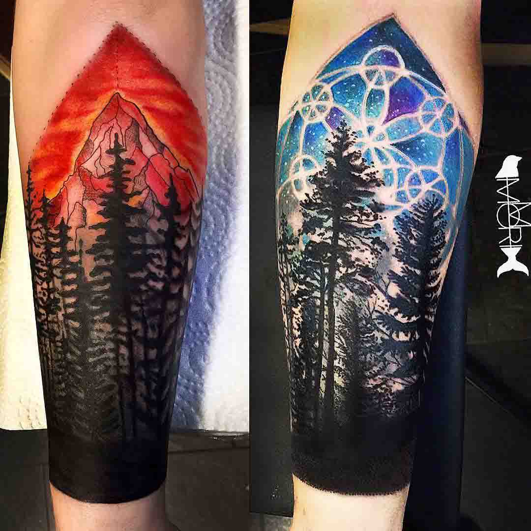 blue and red tattoos of forest designs