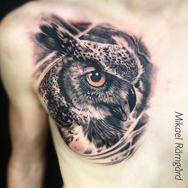 realistic head of owl tattoo on chest