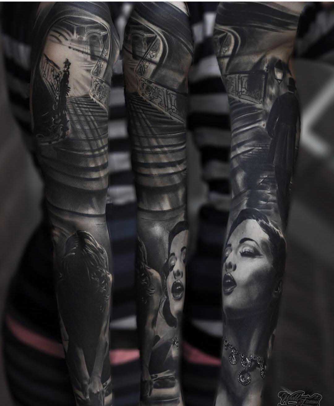 creative tattoo sleeve black and grey