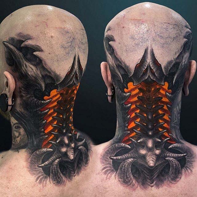 Biomechanical tattoo 3D on neck back