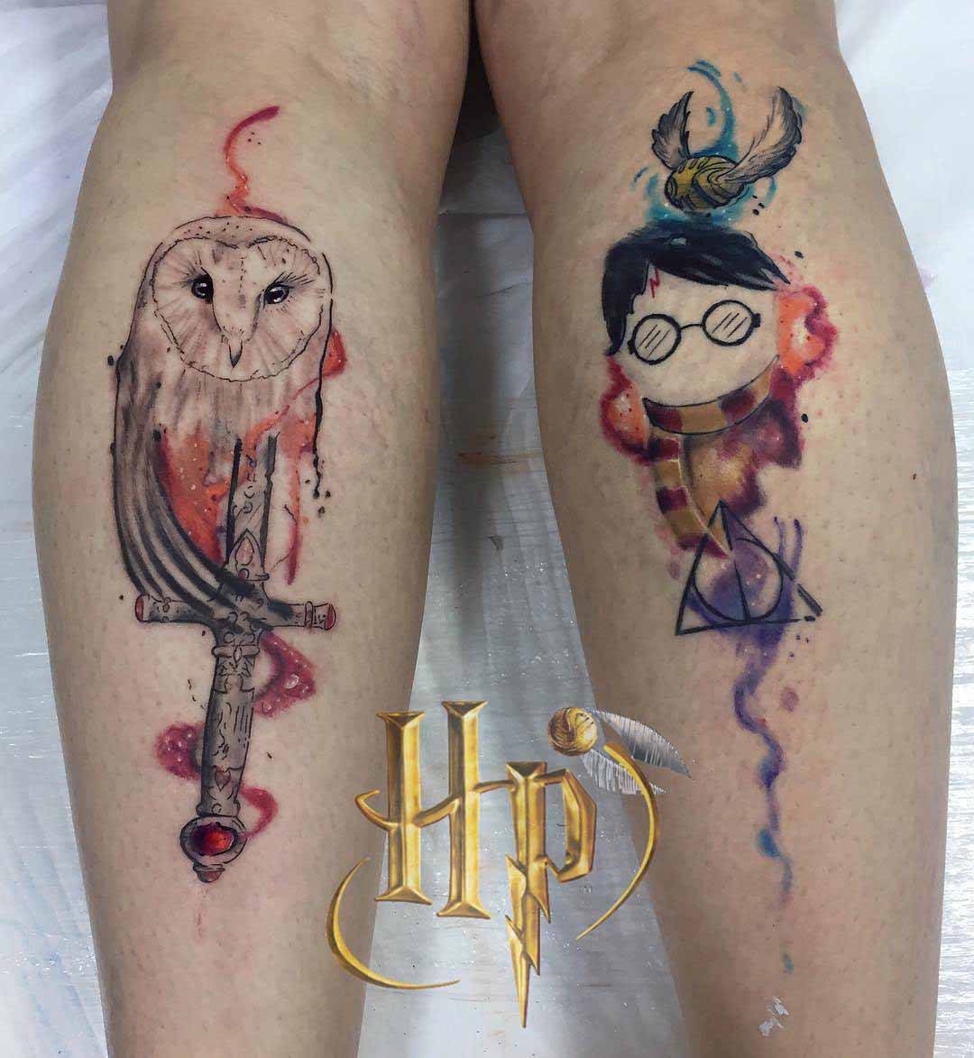 watercolor Harry Potter tattoos on calves