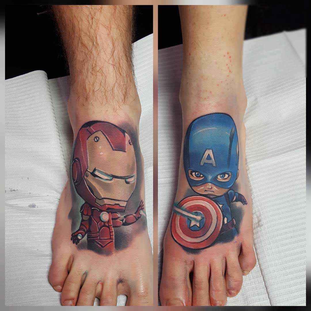 ironman tattoo and captain america tattoo on feet