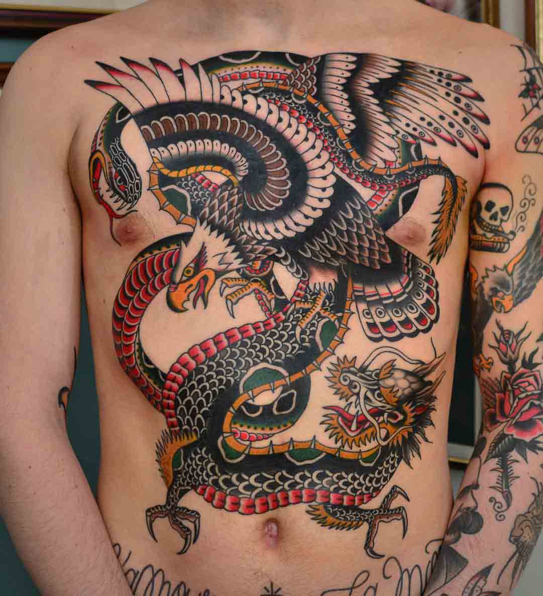 eagle dragon snake traditional tattoo on body