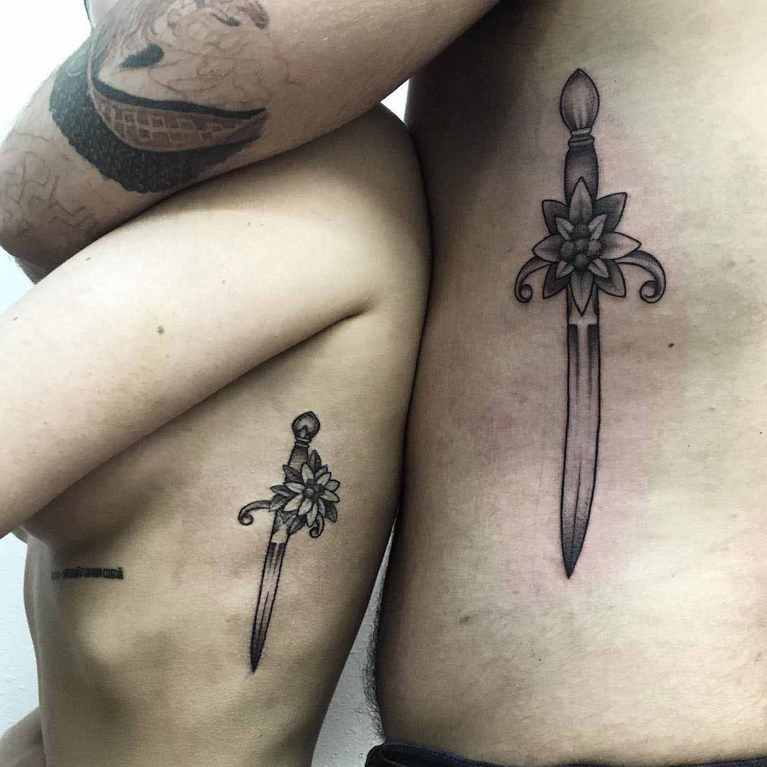 ribs tattoos daggers with flowers for couple