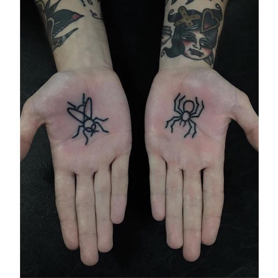 Fly and Spider Tattoos on Palms by Daniel Morris