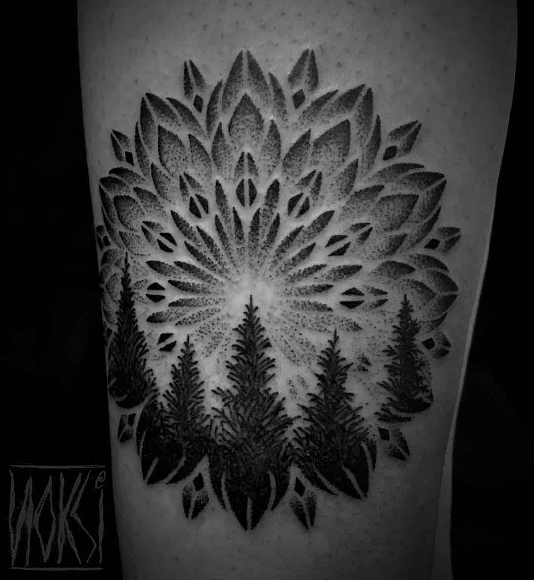 mandala tattoo with pine forest