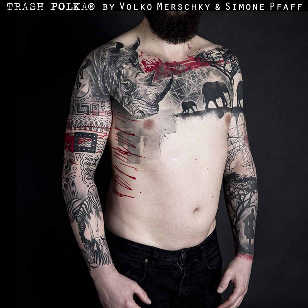 trash polka tattoo rgino on chest and sleeves