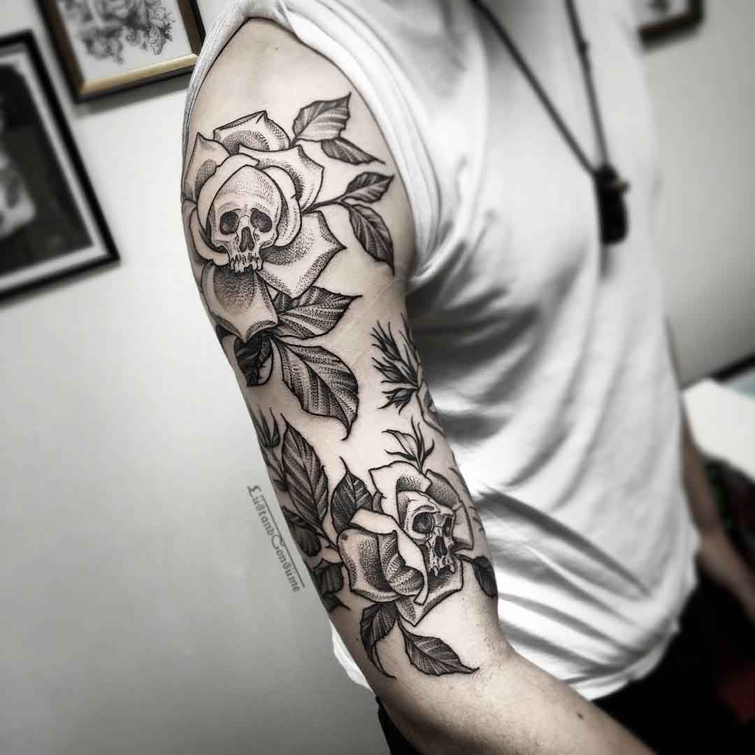 tattoo sleeve skulls in flowers