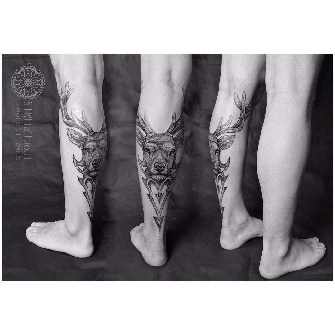 cool stag tattoo on calf