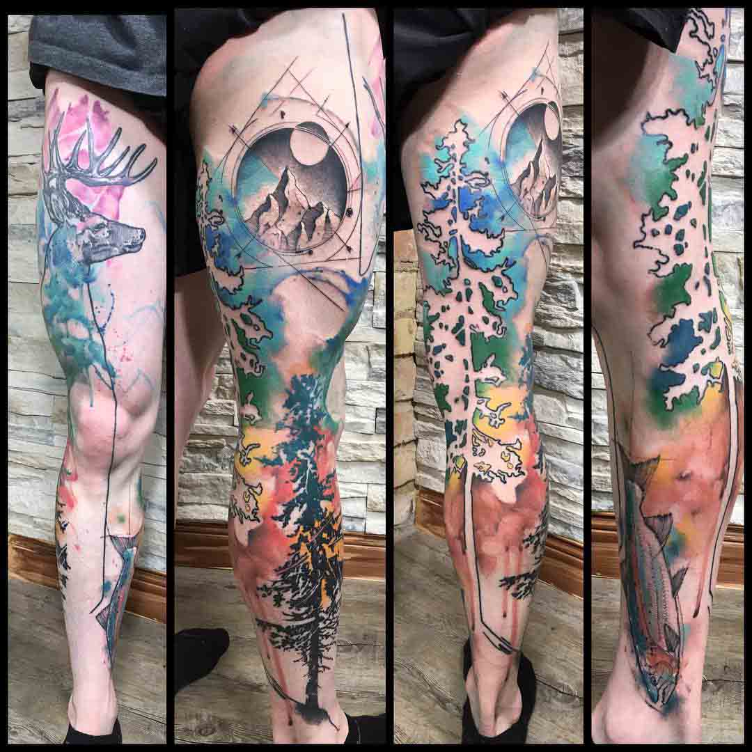 leg tattoo sleeve forest mountains