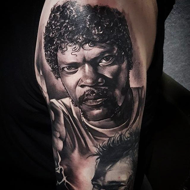 realistic Samuel L Jackson Tattoo black and grey