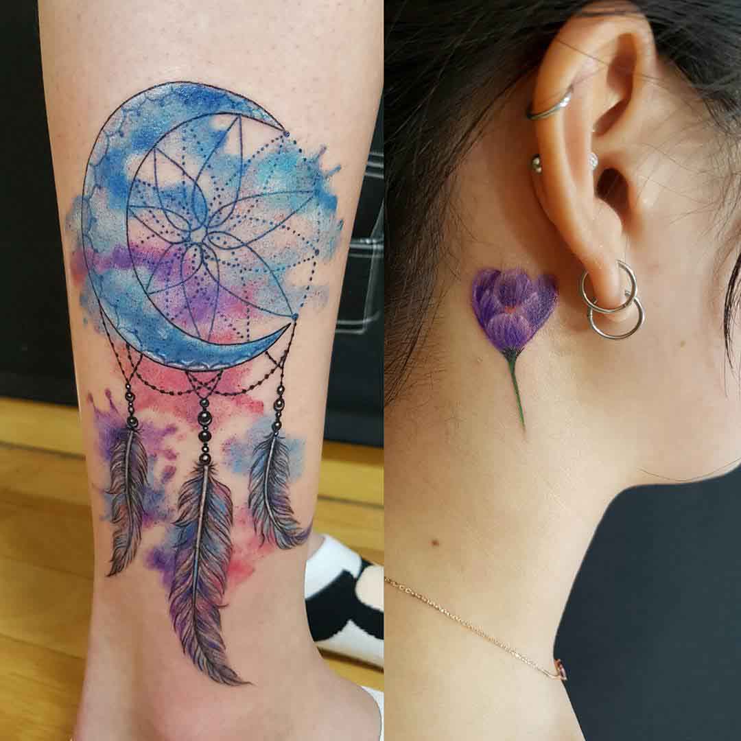 watercolor tattoos ankle and behind ear