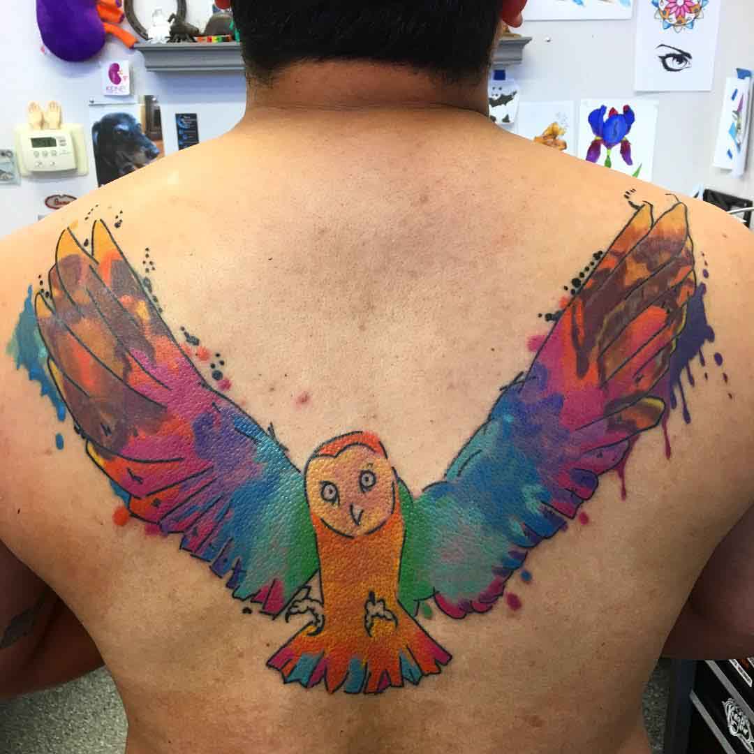 upper back owl tattoo watercolor style