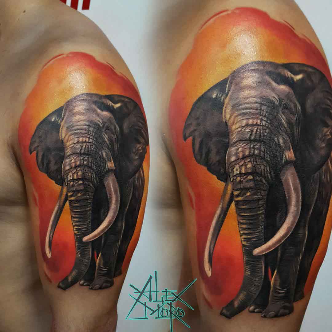 realistic elephant shoulder tattoo