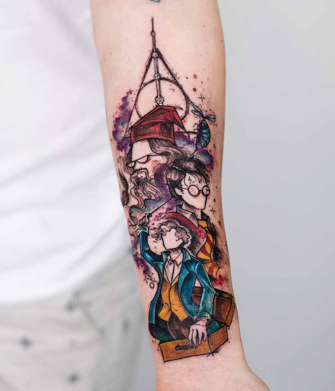 watercolor arm tattoo harry potter