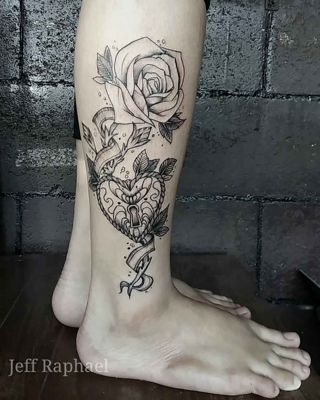 leg tattoo heart lock and rose on ankle