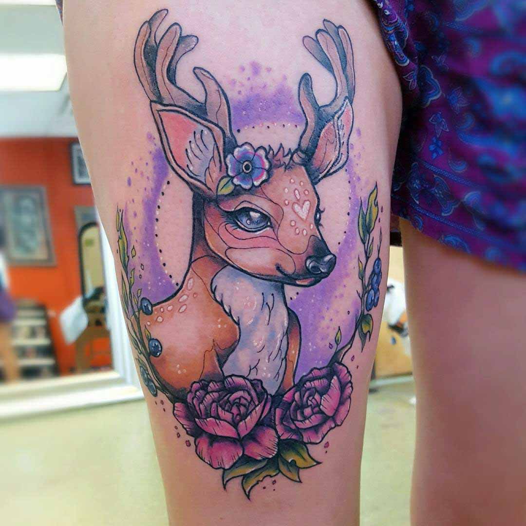 thigh tattoo deer colorful