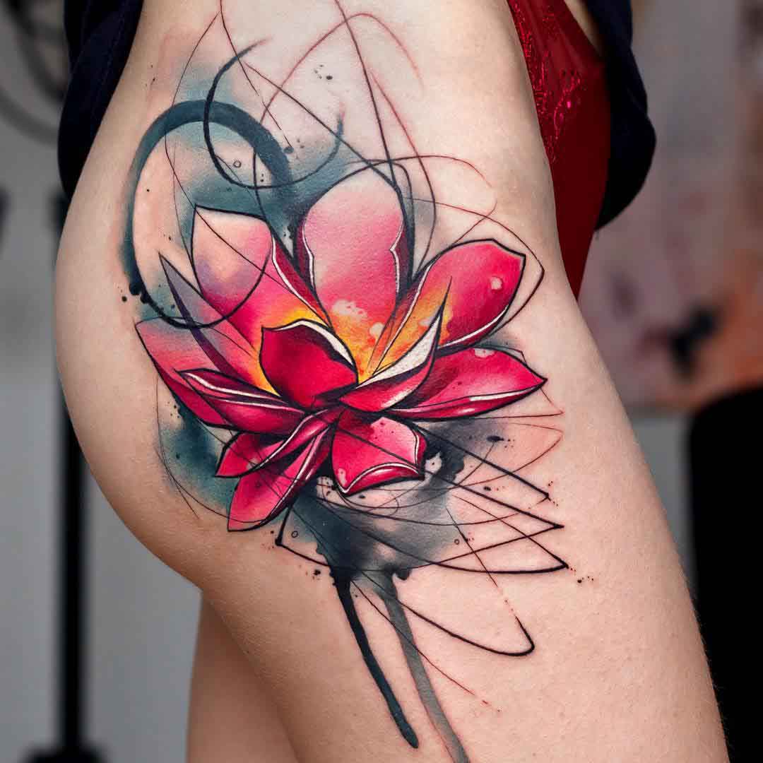 Hip Red Flower Tattoo