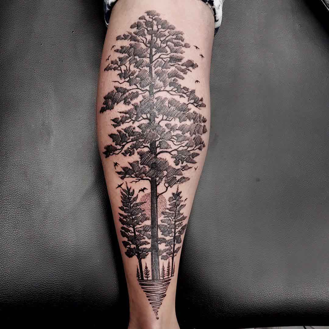 tree tattoo linework dotwork
