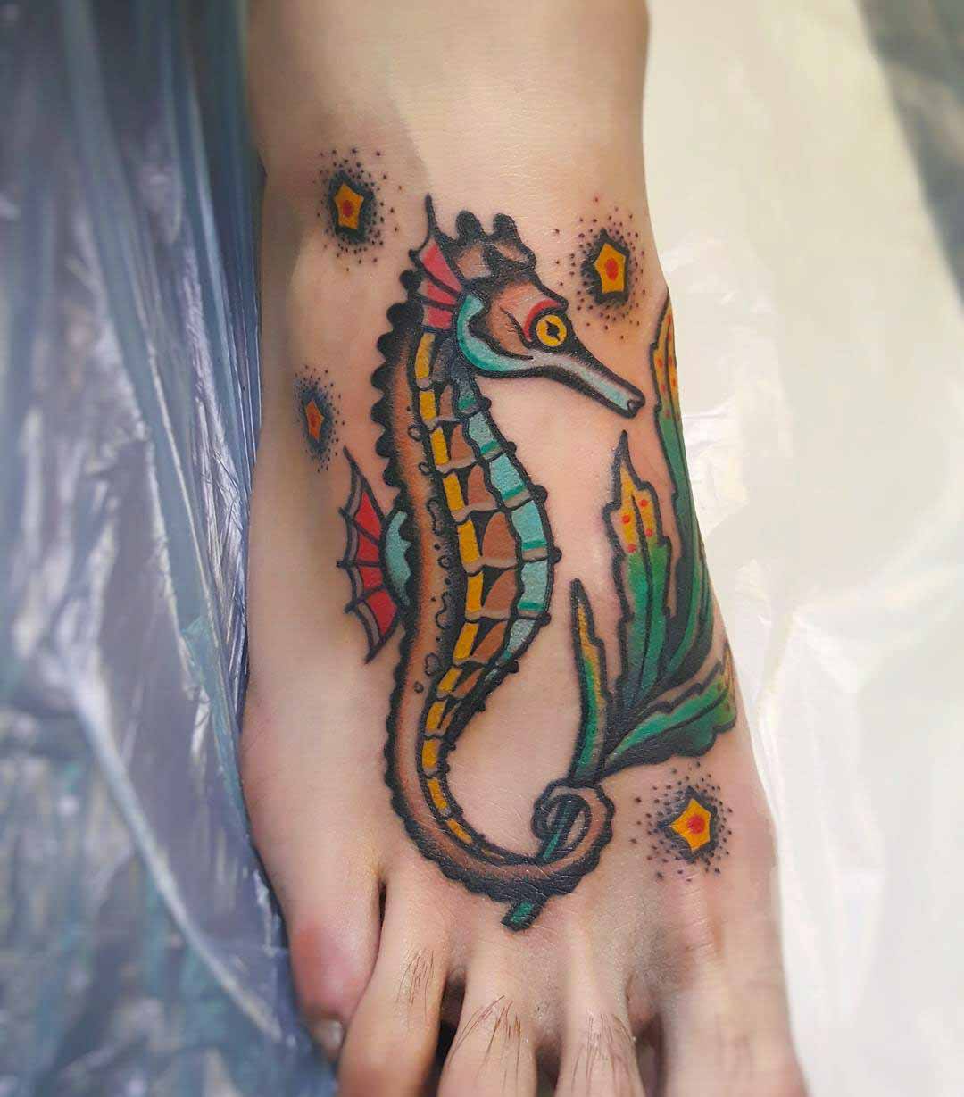 foot tattoo seahorse old school style