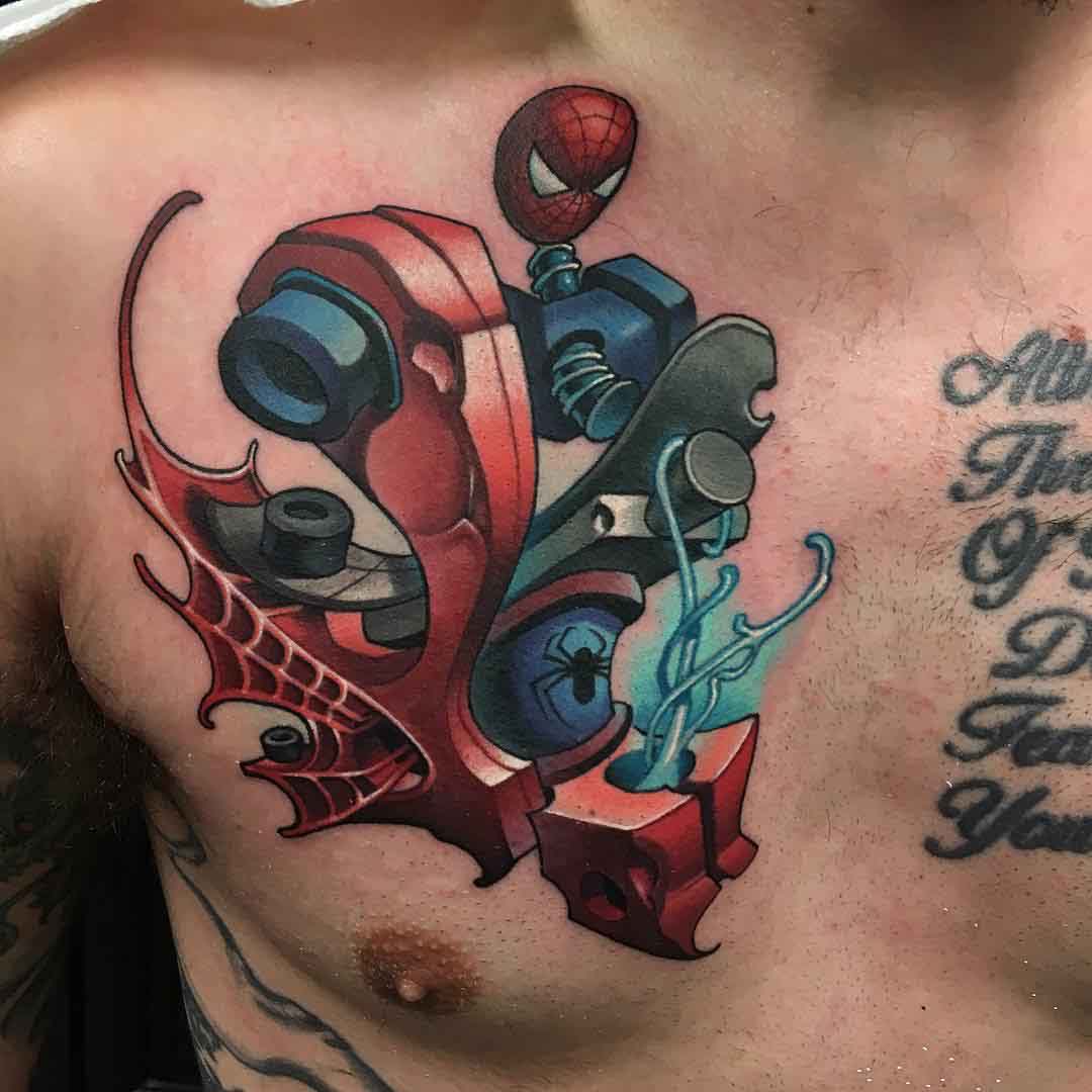 chest tattoo gun tattoo spiderman