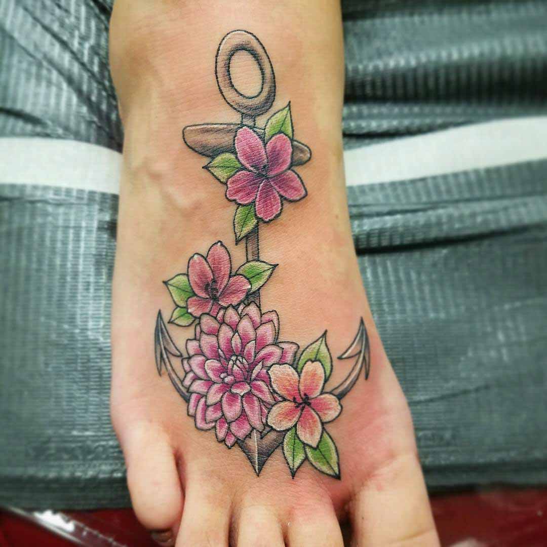 foot tattoo anchor with flowers