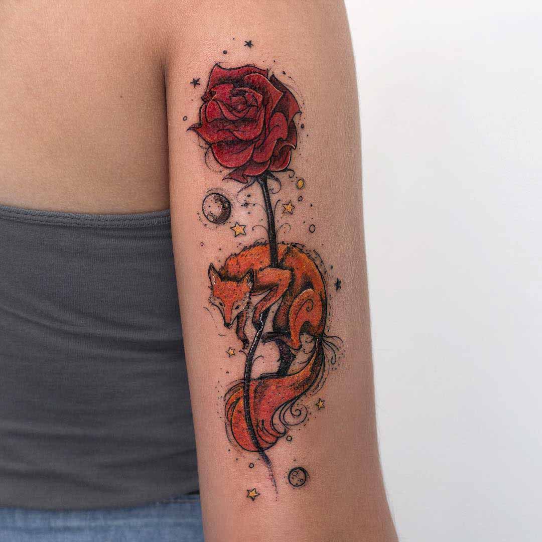 arm tattoo fox and rose
