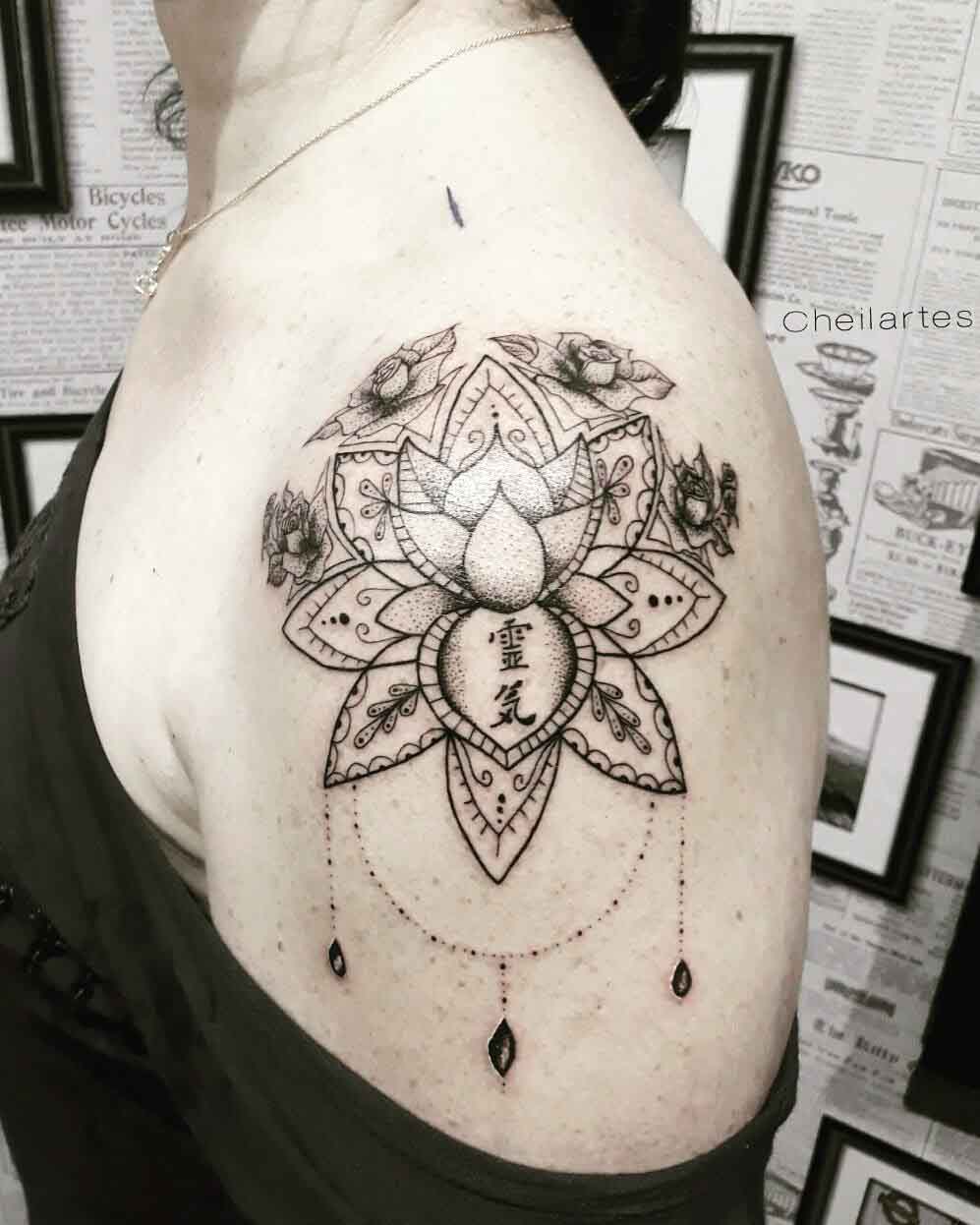 Classic Black Outline Lotus Flower Tattoo On Girl Left Front Shoulder