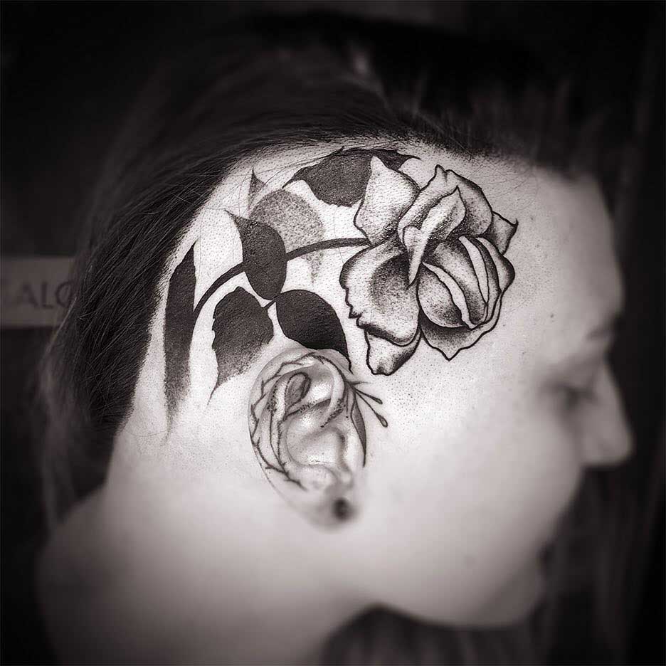 head tattoo rose dotwork
