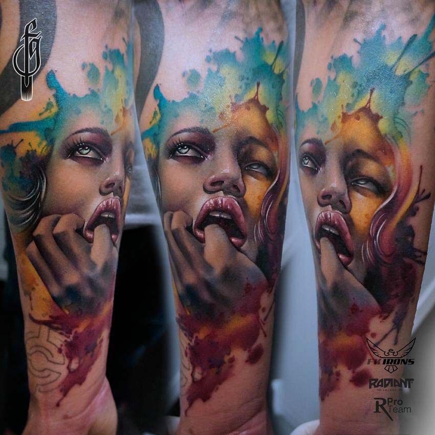 arm tattoo watercolor style portrait