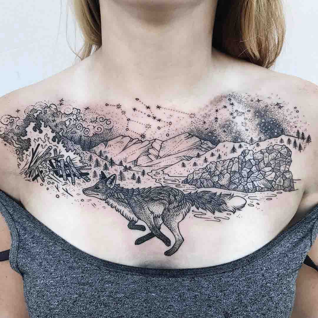 chest tattoo running fox etching