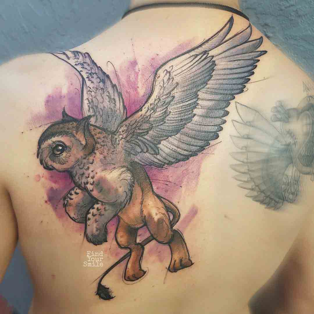 back tattoo griffin owl