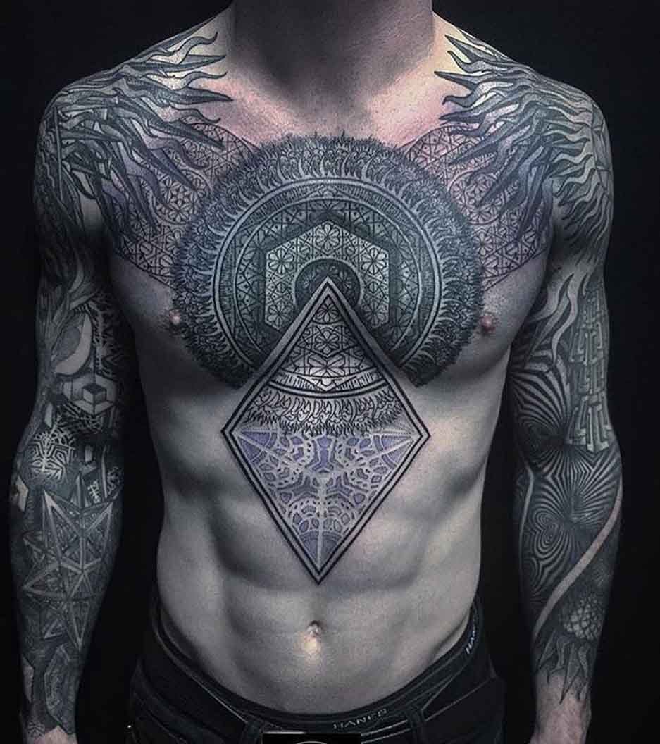 ornamental tattoos on chest and stomach