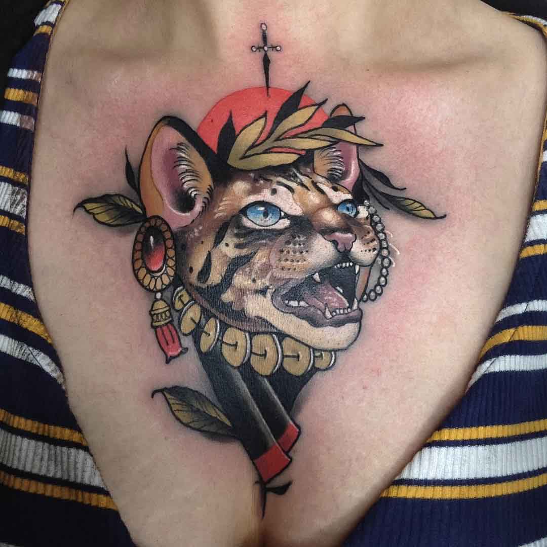chest tattoo cat neo-traditional