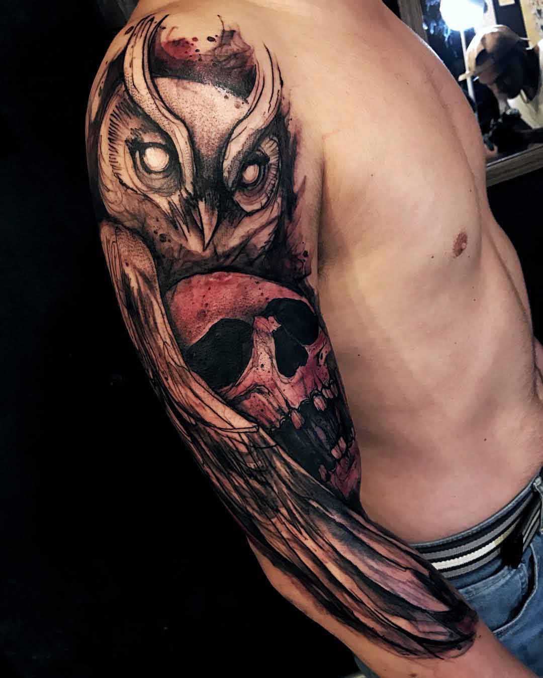 owl skull tattoo sleeve on shoulder