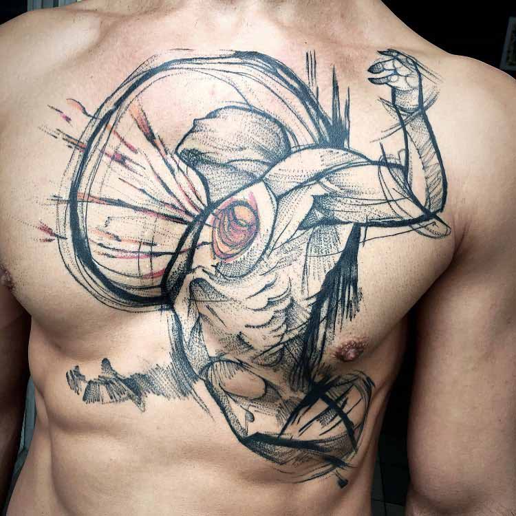 heart man tattoo on chest