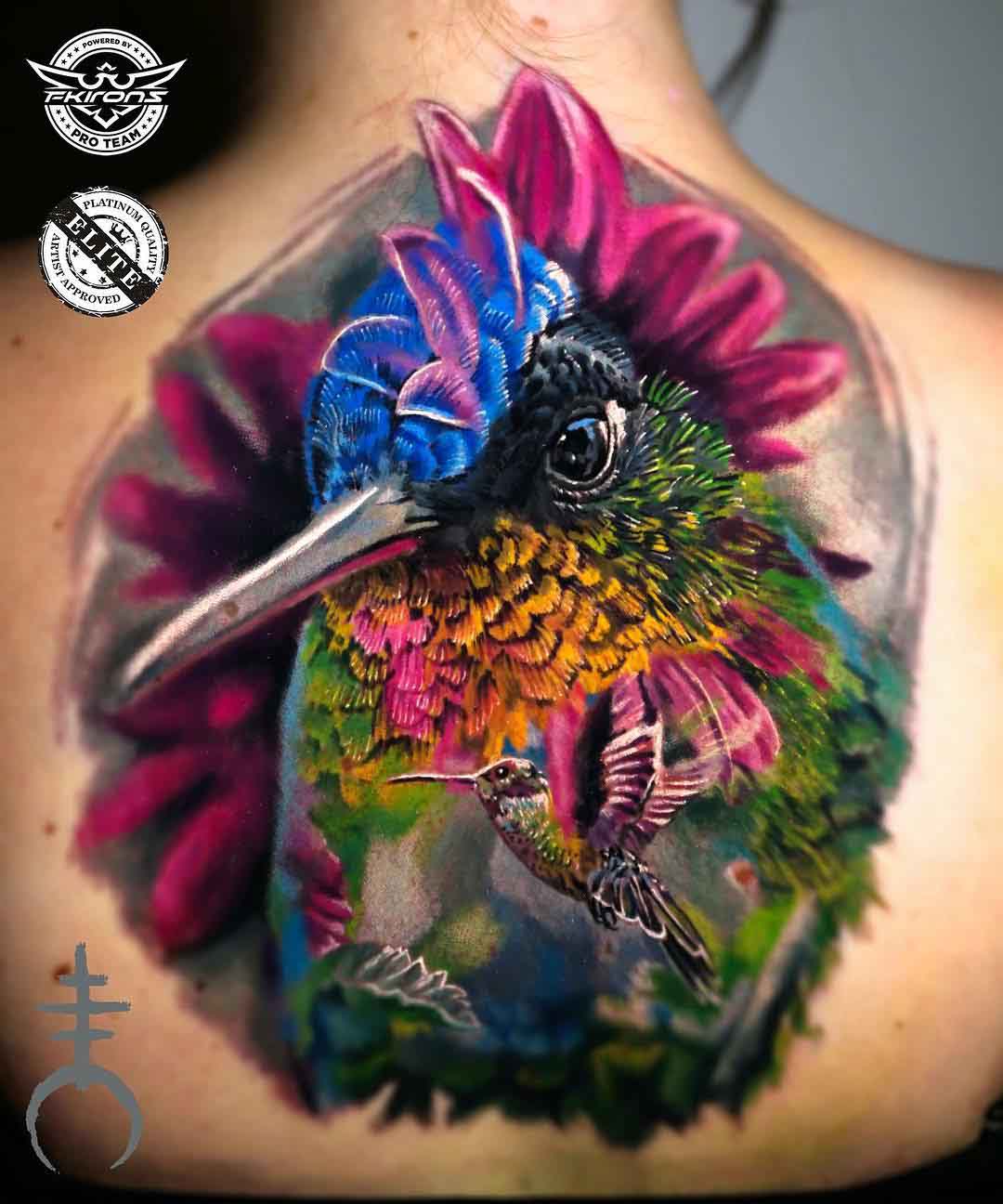 back tattoo hummingbird colorful