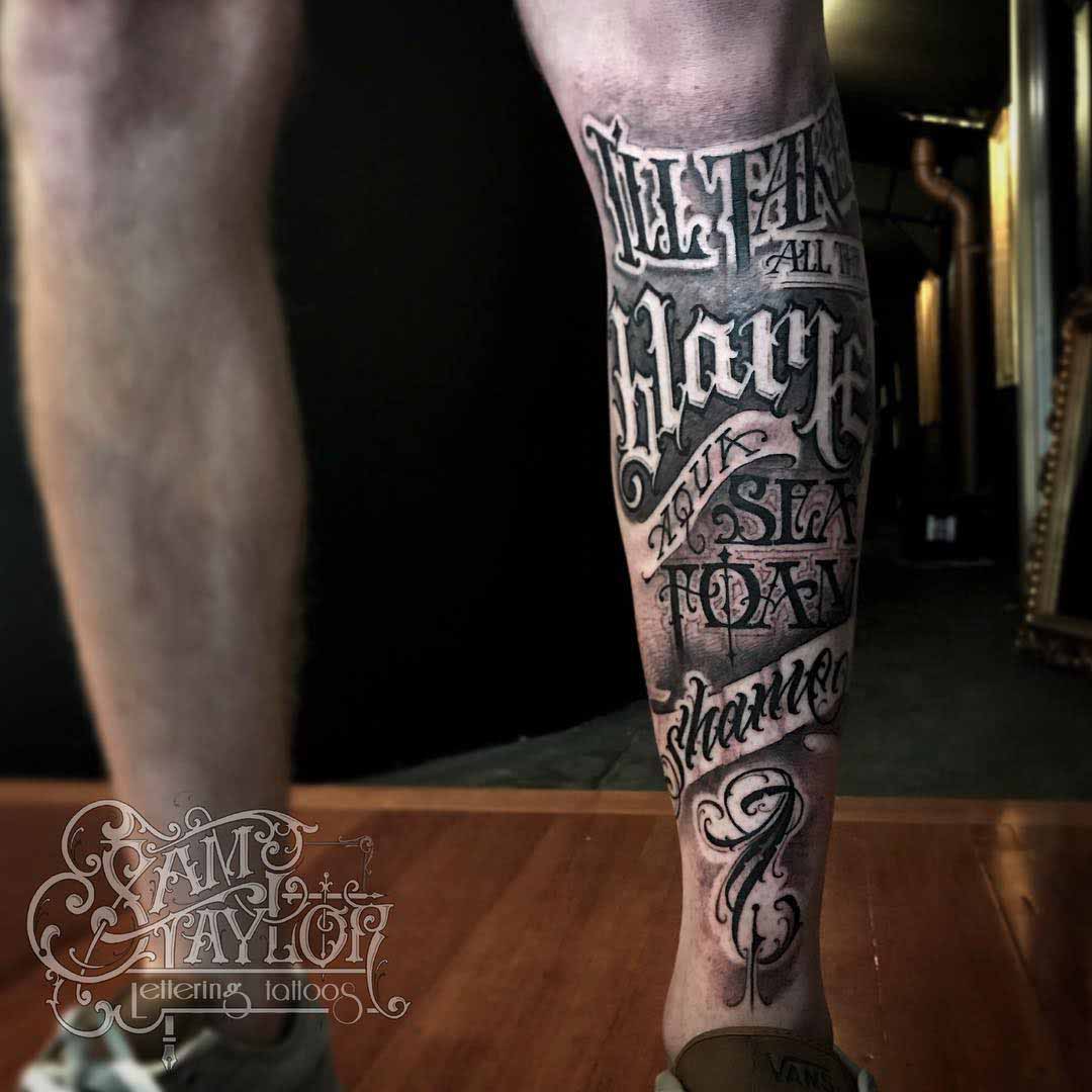 different fonts lettering tattoo on shin