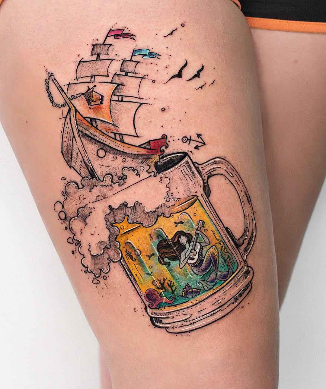 thigh tattoo beer and ship with mermaid