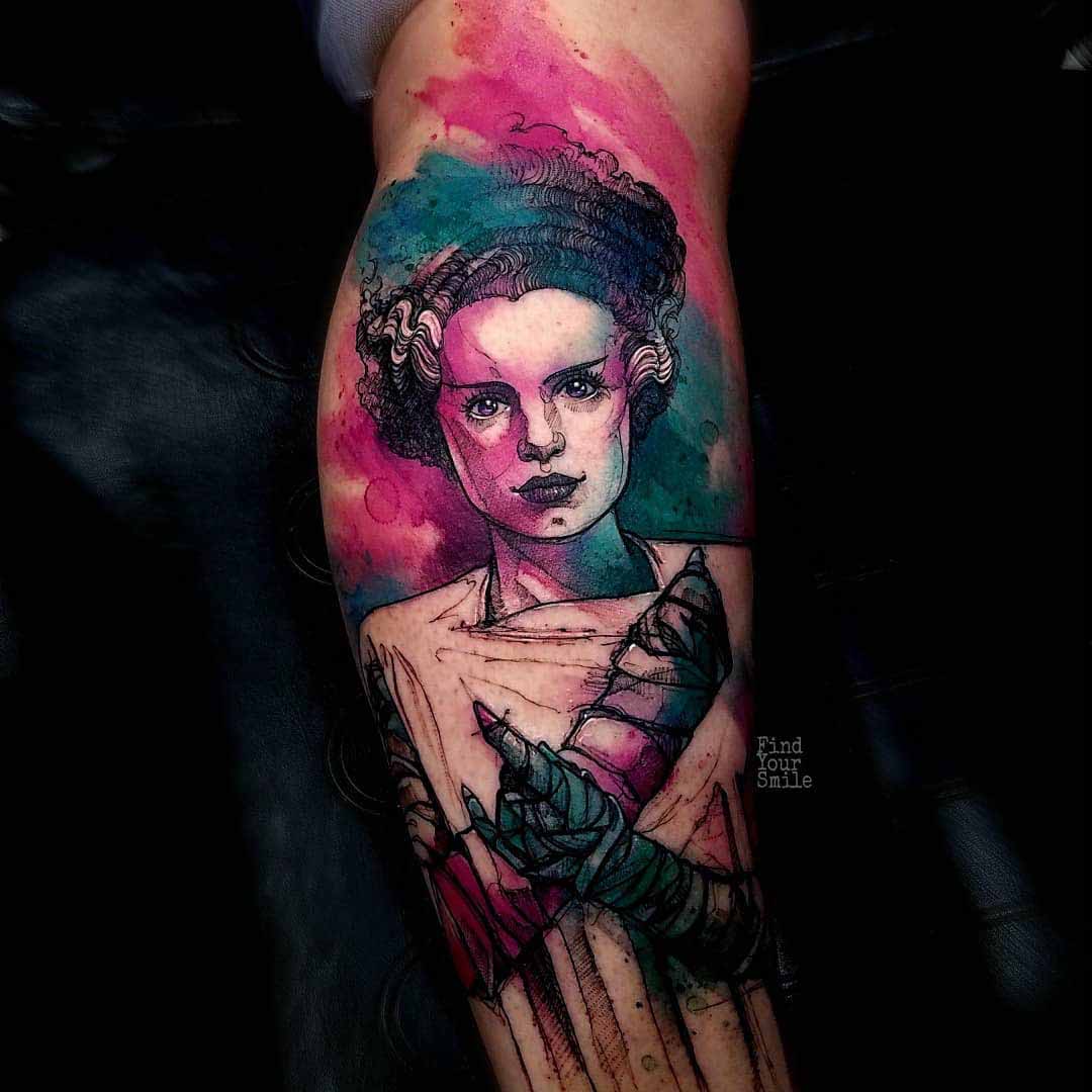 watercolor tattoo bride of Frankenstein's monster
