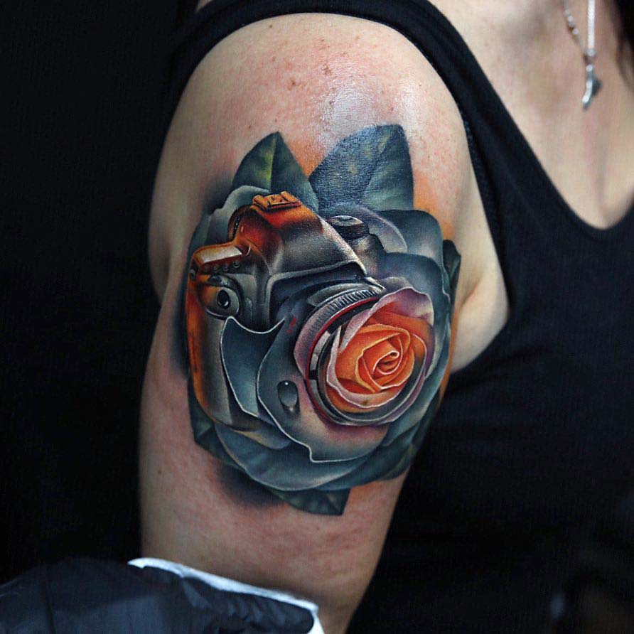 shoulder tattoo rose camera