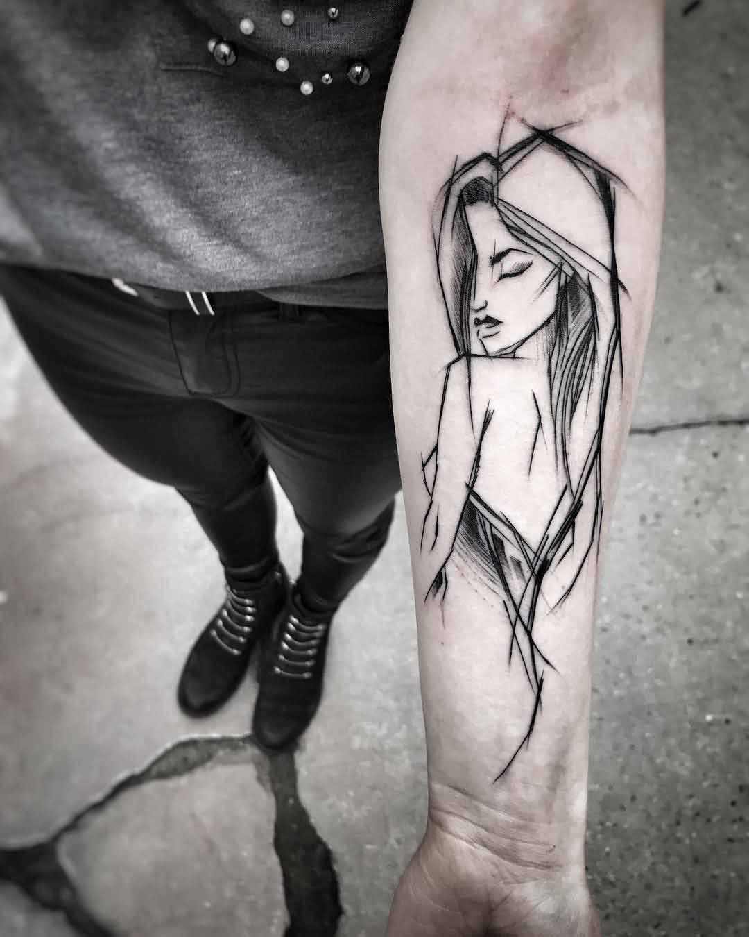 girl sketch tattoo on arm