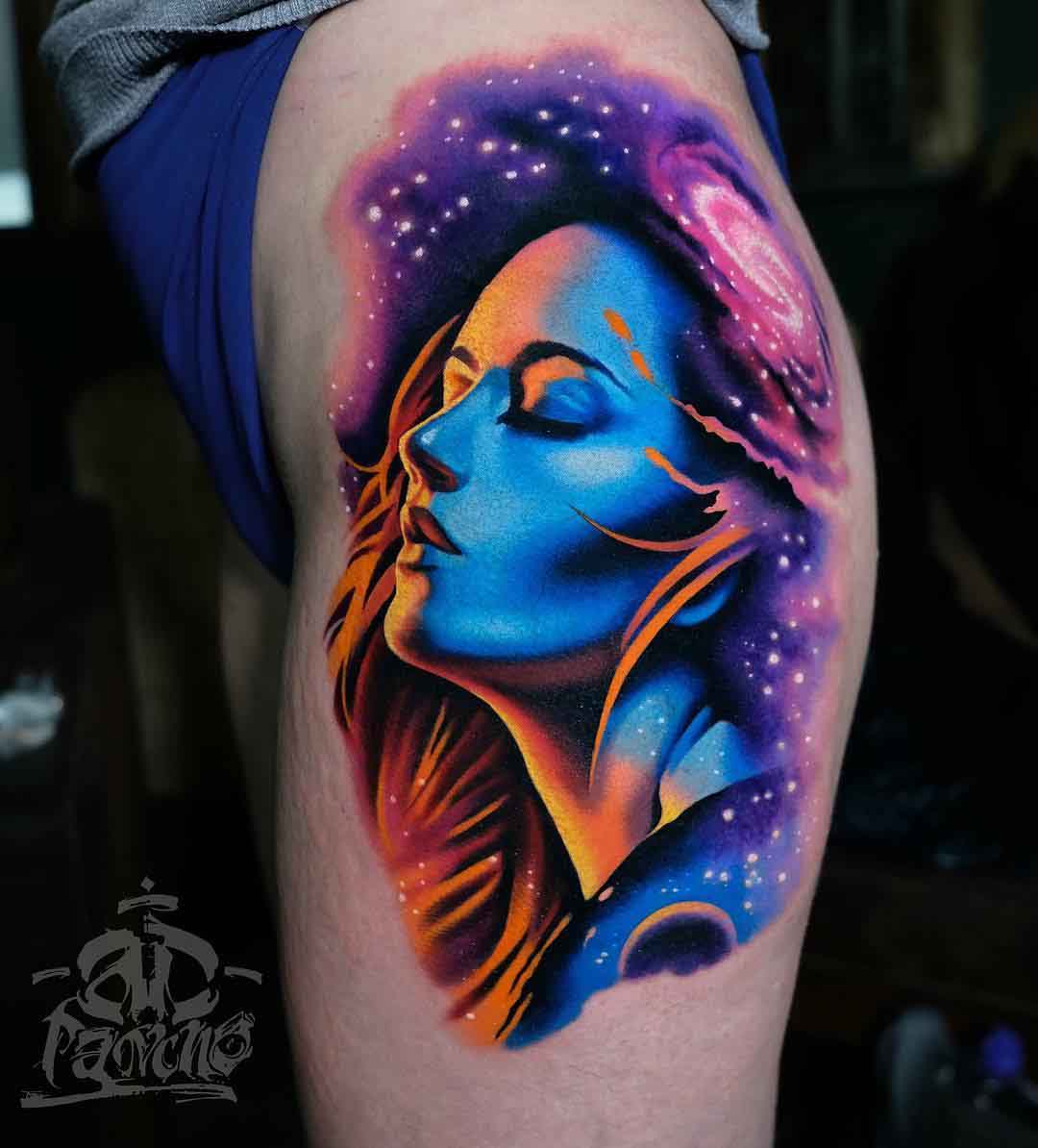 Universe tattoo on hip girl