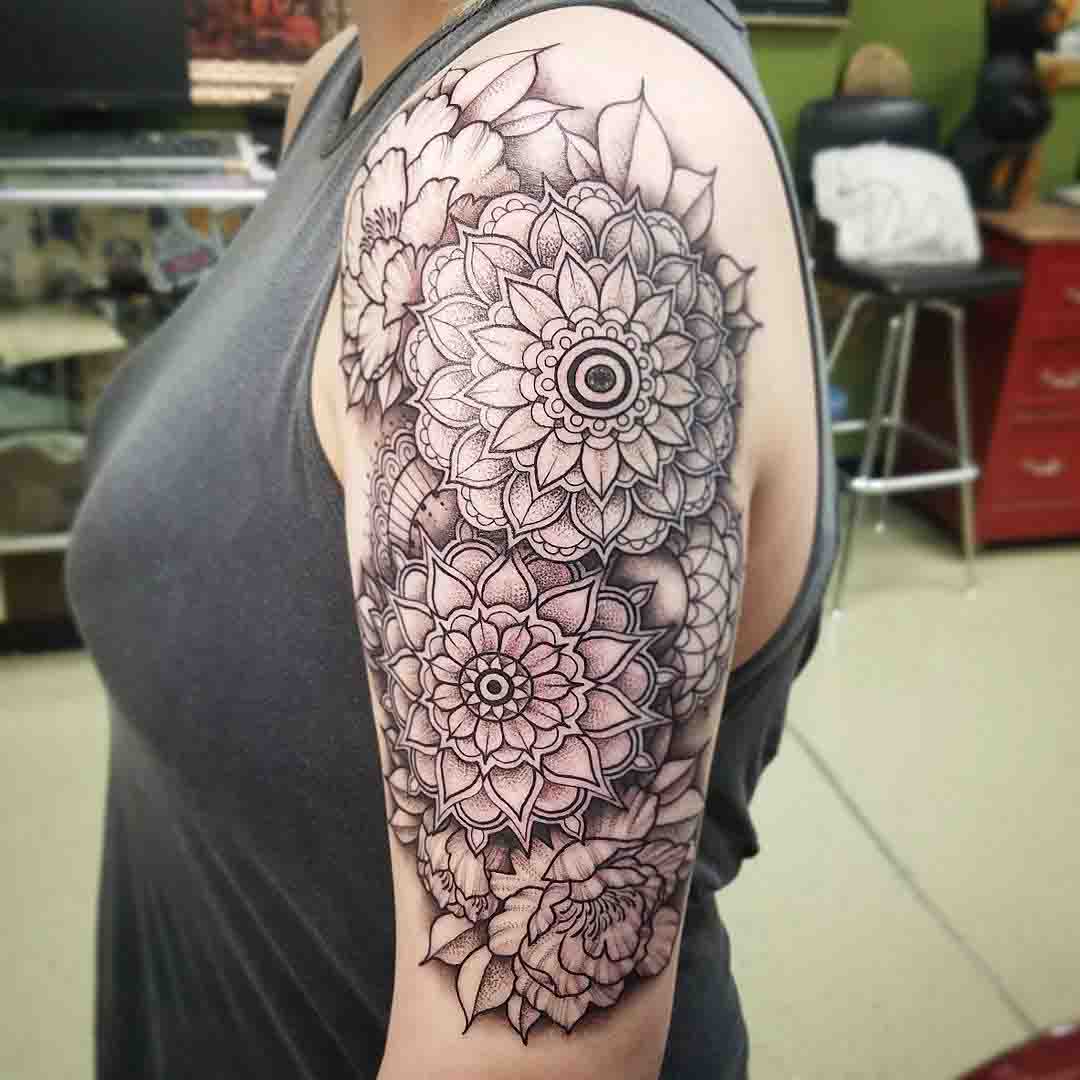 shoulder flowers and mandalas tattoo on shoulder