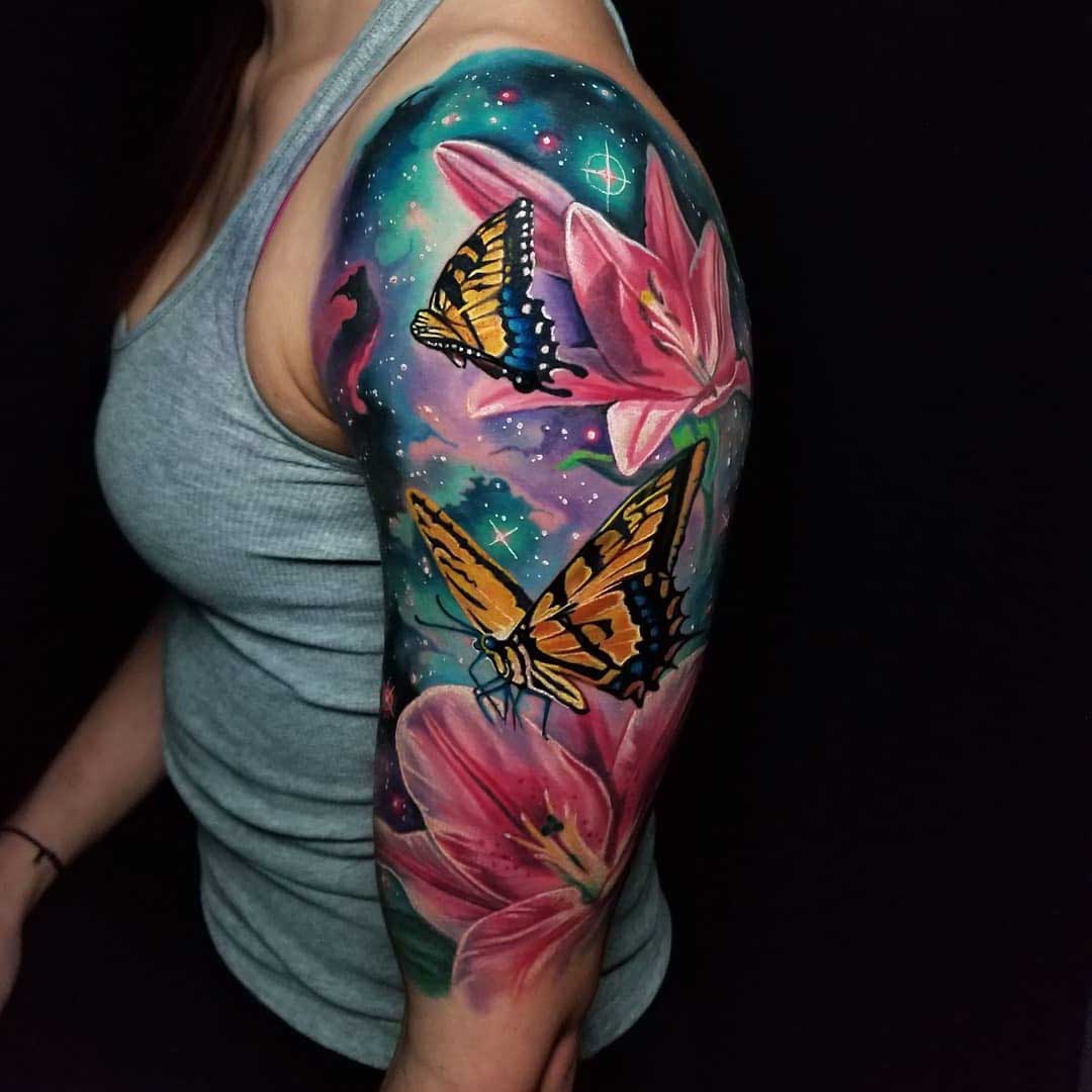 shoulder tattoo butterfly universe and space